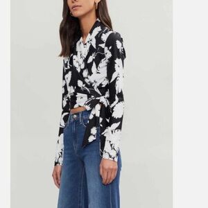 GANNI Black and White Floral Tie-Front Blouse